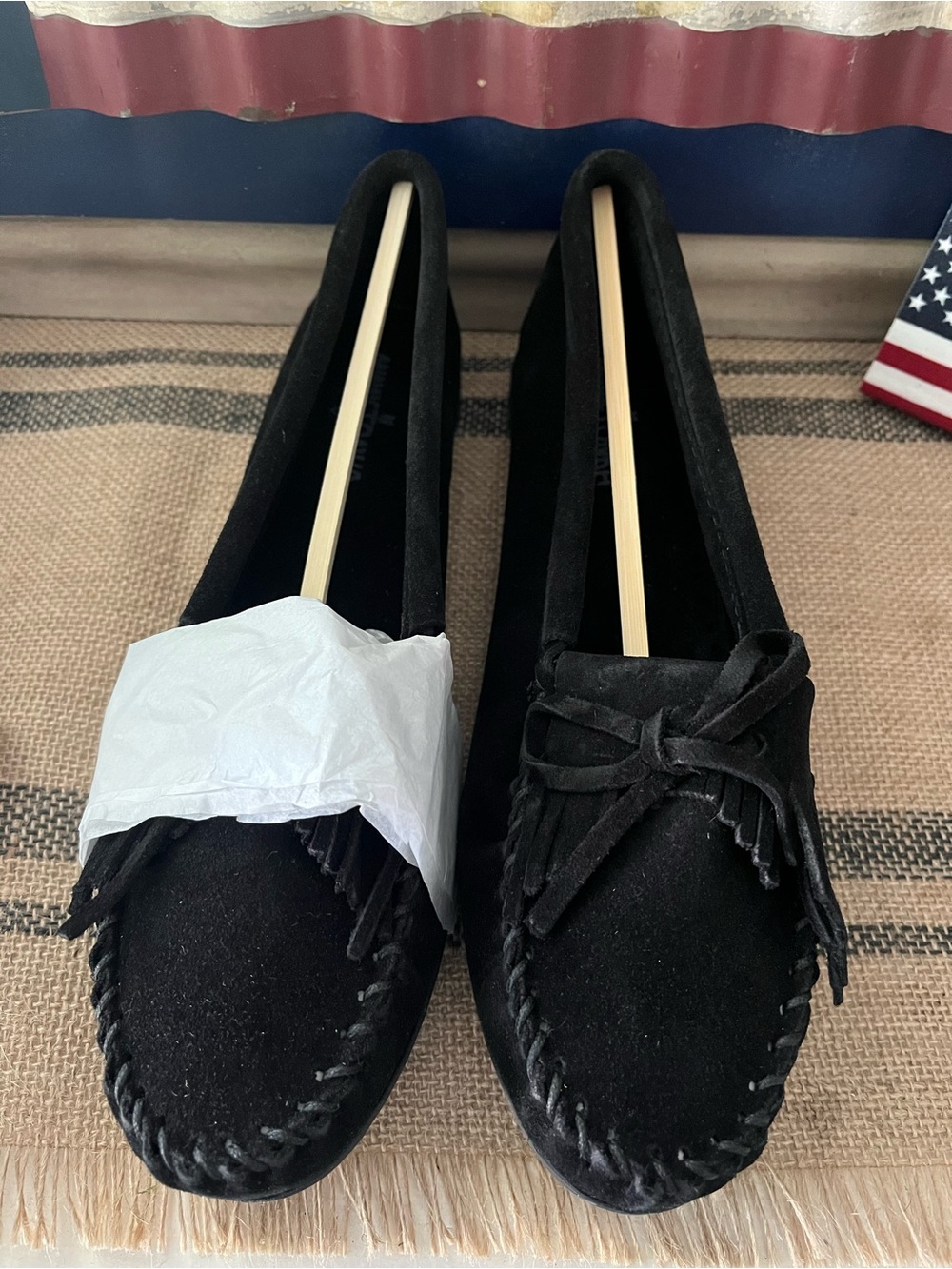 Minnetonka Black Suede Moccasin Flats